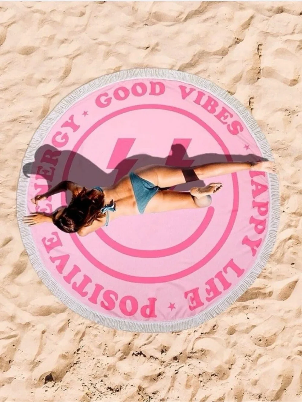 Round Smiley Beach Towel with Fringe - Positive Energy Inspo message